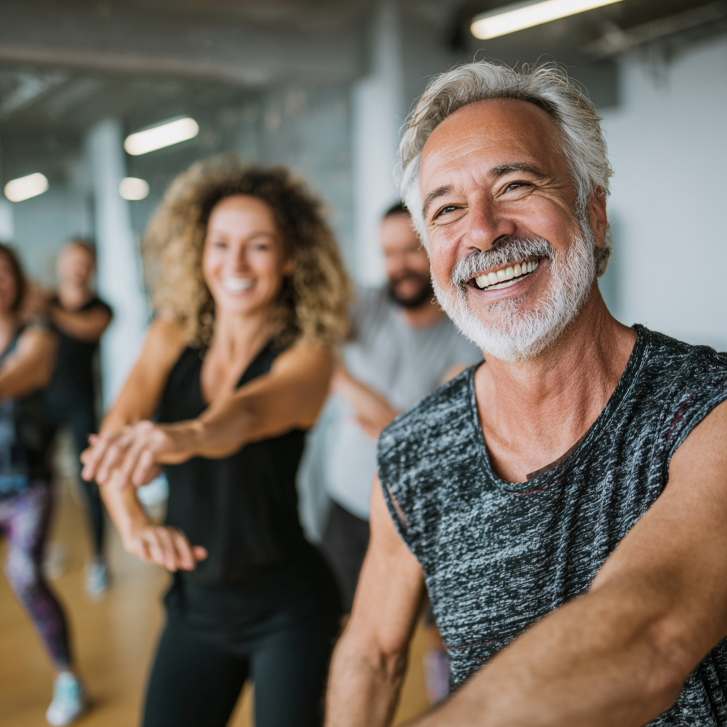 Happy middle-aged Ukrainian woman in comfortable athletic wear doing gentle stretching exercises in a bright, modern fitness studio
