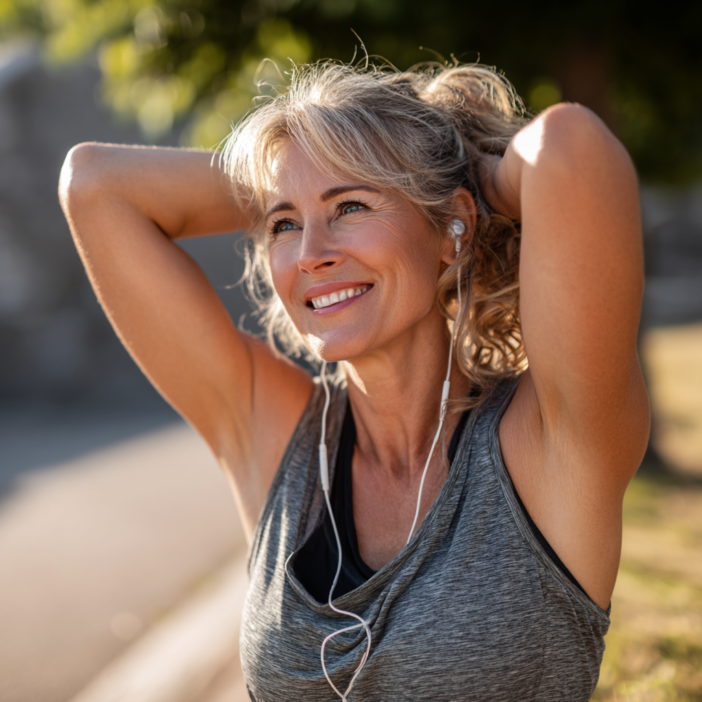 Elderly Ukrainian man and woman practicing stretching exercises together in a peaceful outdoor setting with natural lighting